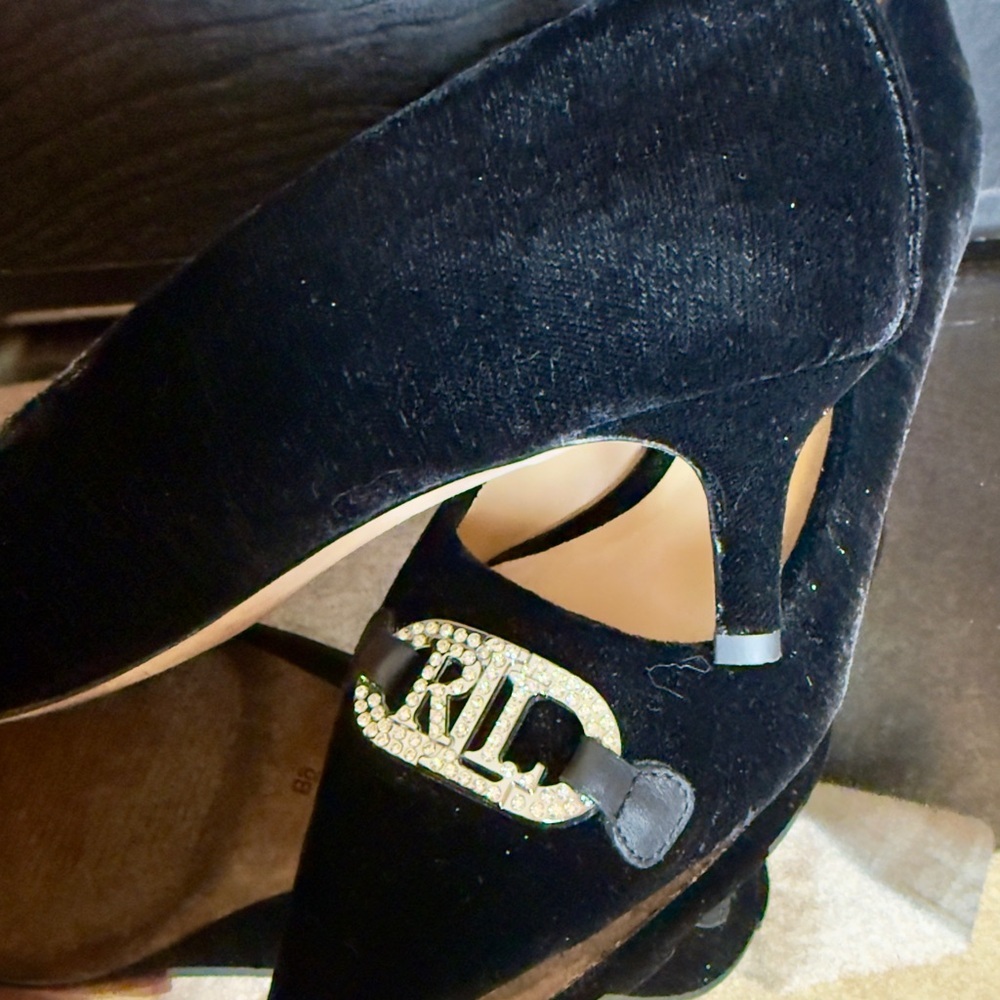Lauren Ralph Lauren Lilah Black Velvet Rhinestone Heels 6.5M - Picture 5 of 8